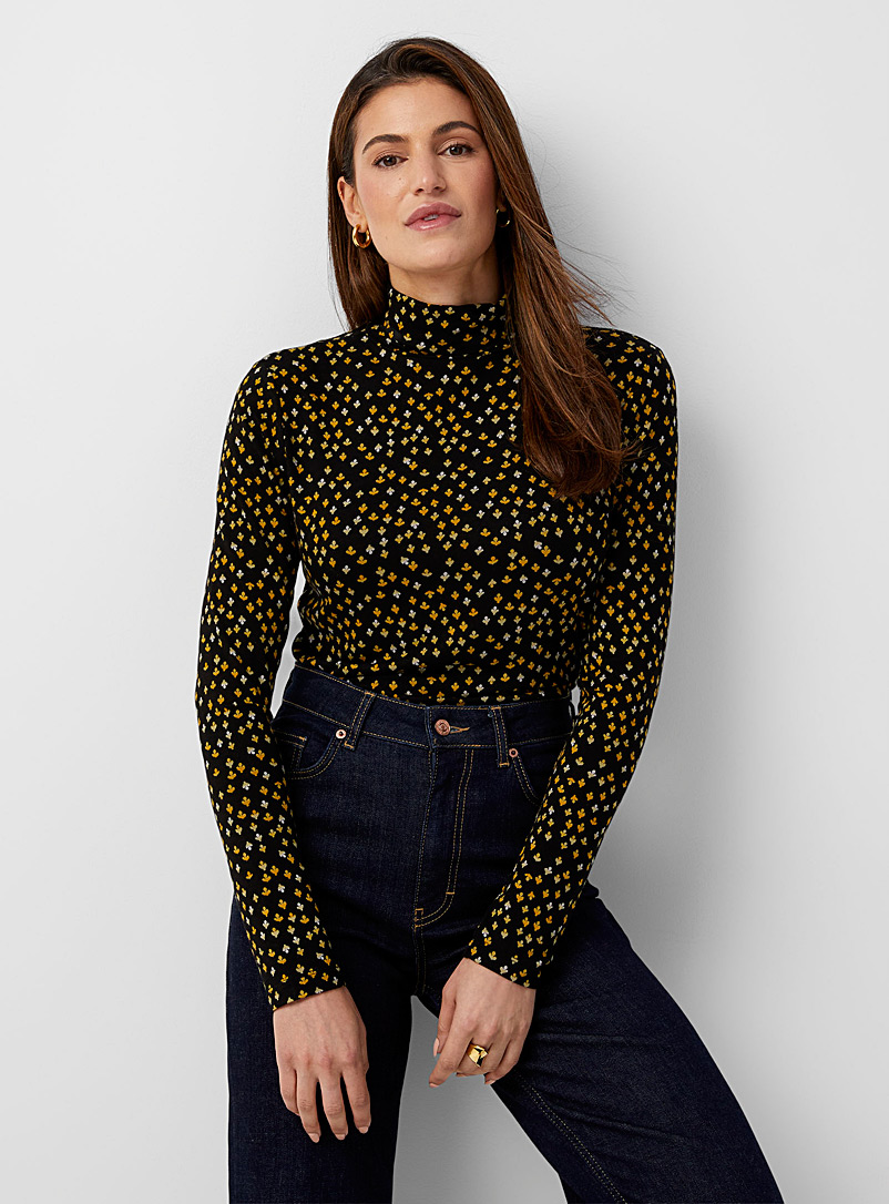 Contemporaine Patterned Yellow Printed soft jersey turtleneck for women