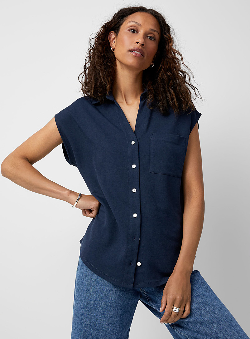 Contemporaine Navy/Midnight Blue Lightweight piqué cap-sleeve shirt for women