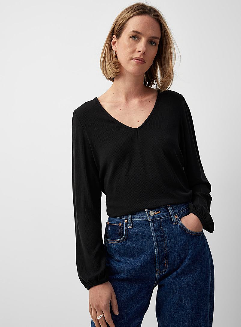 Contemporaine Black Puff-sleeve mini-ribbing T-shirt for women