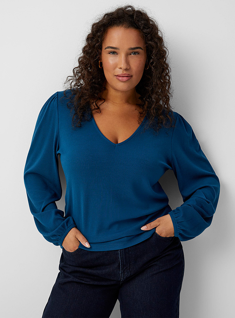 Contemporaine Slate Blue Puff-sleeve mini-ribbing T-shirt for women