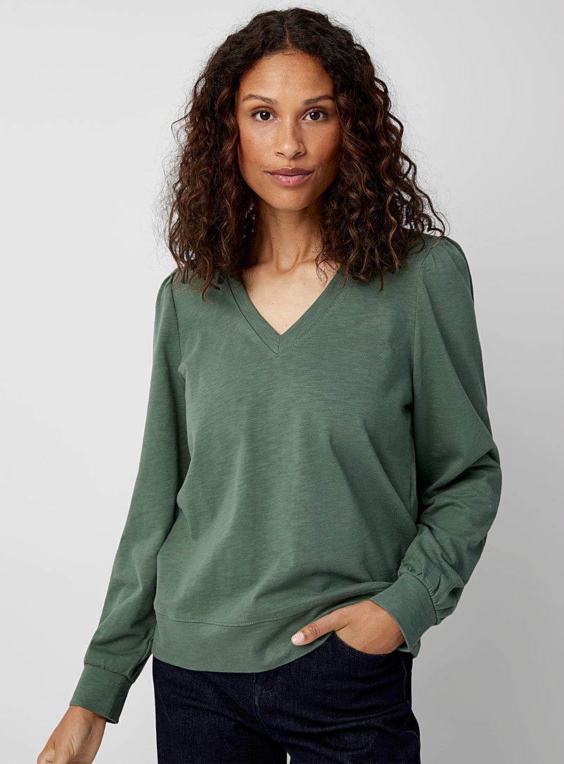 Contemporaine Mossy Green Puff-sleeve V-neck sweatshirt for women