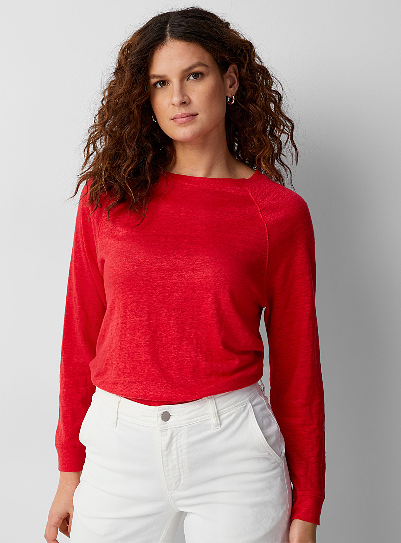Contemporaine: Le t-shirt raglan pur lin Rouge moyen-framboi-ceris pour femme