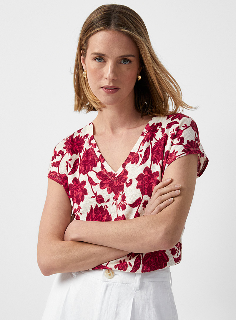 Contemporaine Cherry Red Printed linen cap-sleeve tee for women