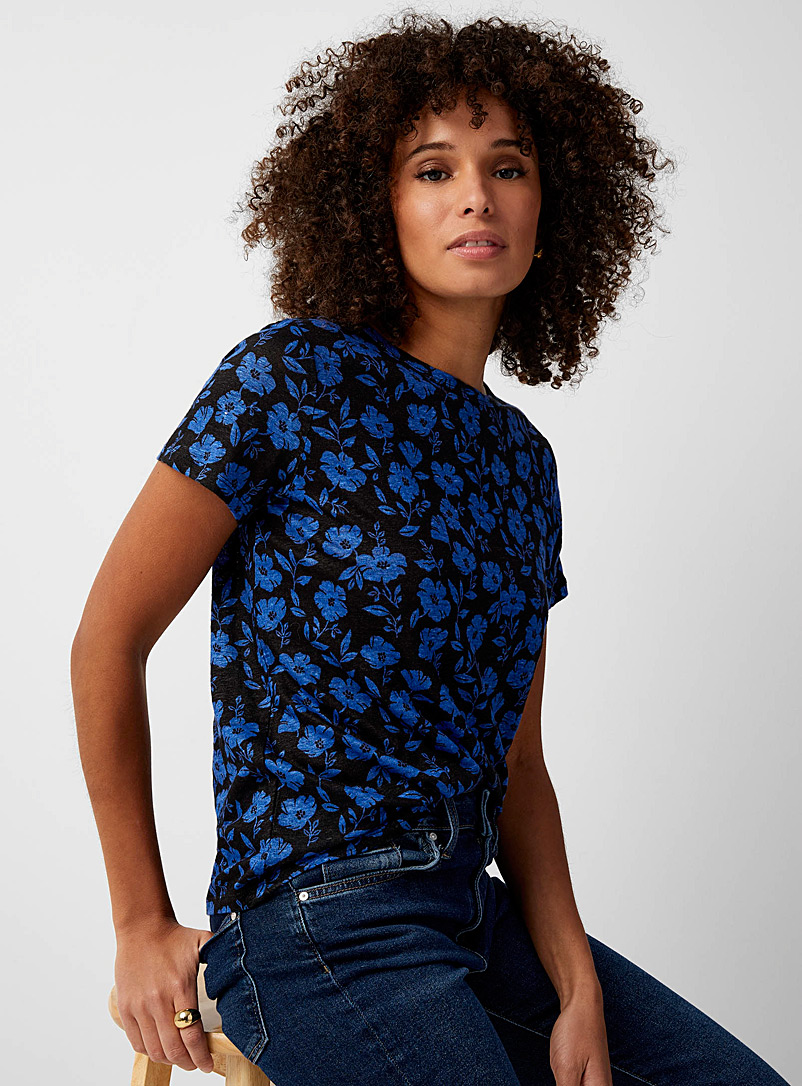 Contemporaine: Le t-shirt col rond lin imprimé Bleu à motifs pour femme