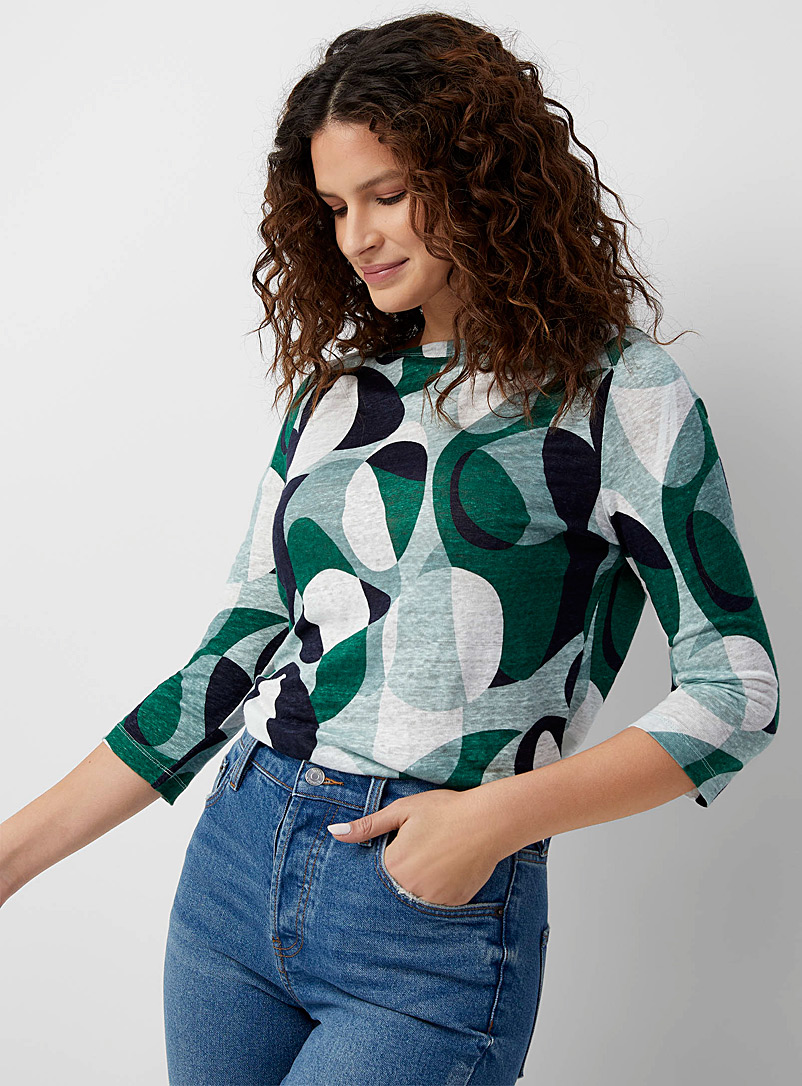Contemporaine Patterned Green Printed linen boatneck tee for women