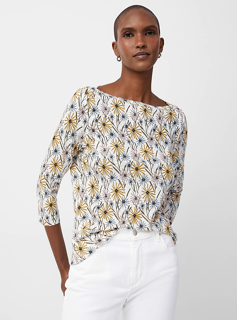 Contemporaine Patterned white Printed linen boatneck tee for women