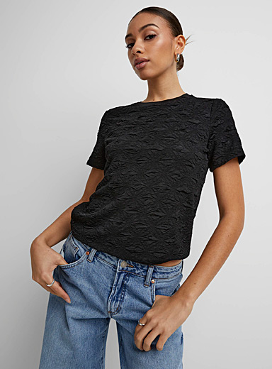 Icône: Le t-shirt col rond texture 3D Noir pour femme