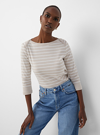 Buy Fitkin Women Black Self Stripes Boat Neck Back Design T-Shirt