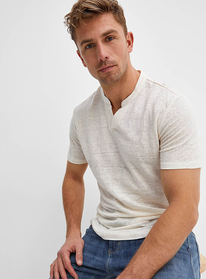 Le 31 Ivory/Cream Beige European Flax™ pure linen split-collar T-shirt for men