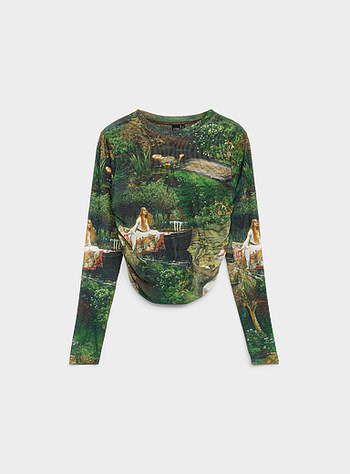 Ic&ocirc;ne: Le t-shirt court taille fronc&eacute;e microfilet Vert &agrave; motifs pour femme