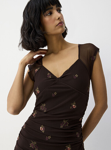 Ic&ocirc;ne: La robe midi fronc&eacute;e microfilet Vert &agrave; motifs pour femme