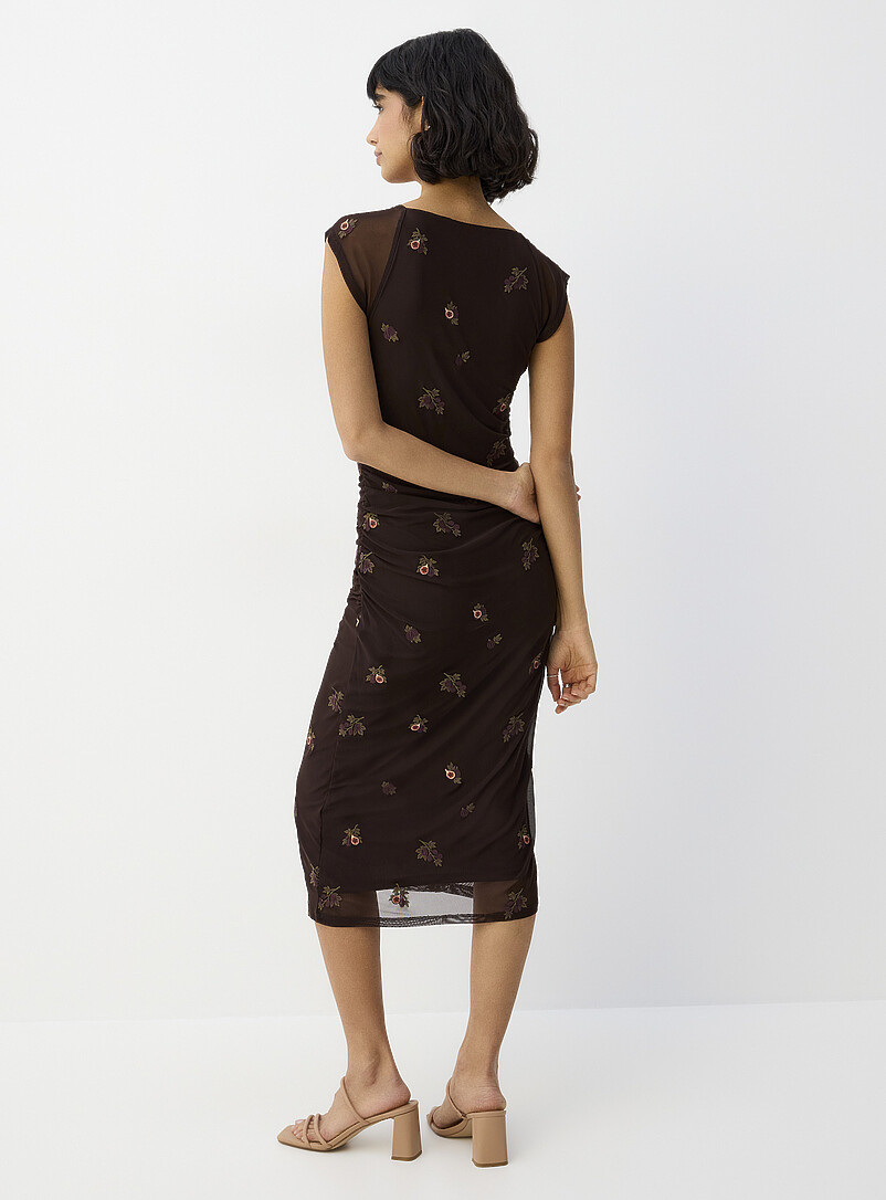 Ic&ocirc;ne Patterned green Ruched micromesh midi dress for women