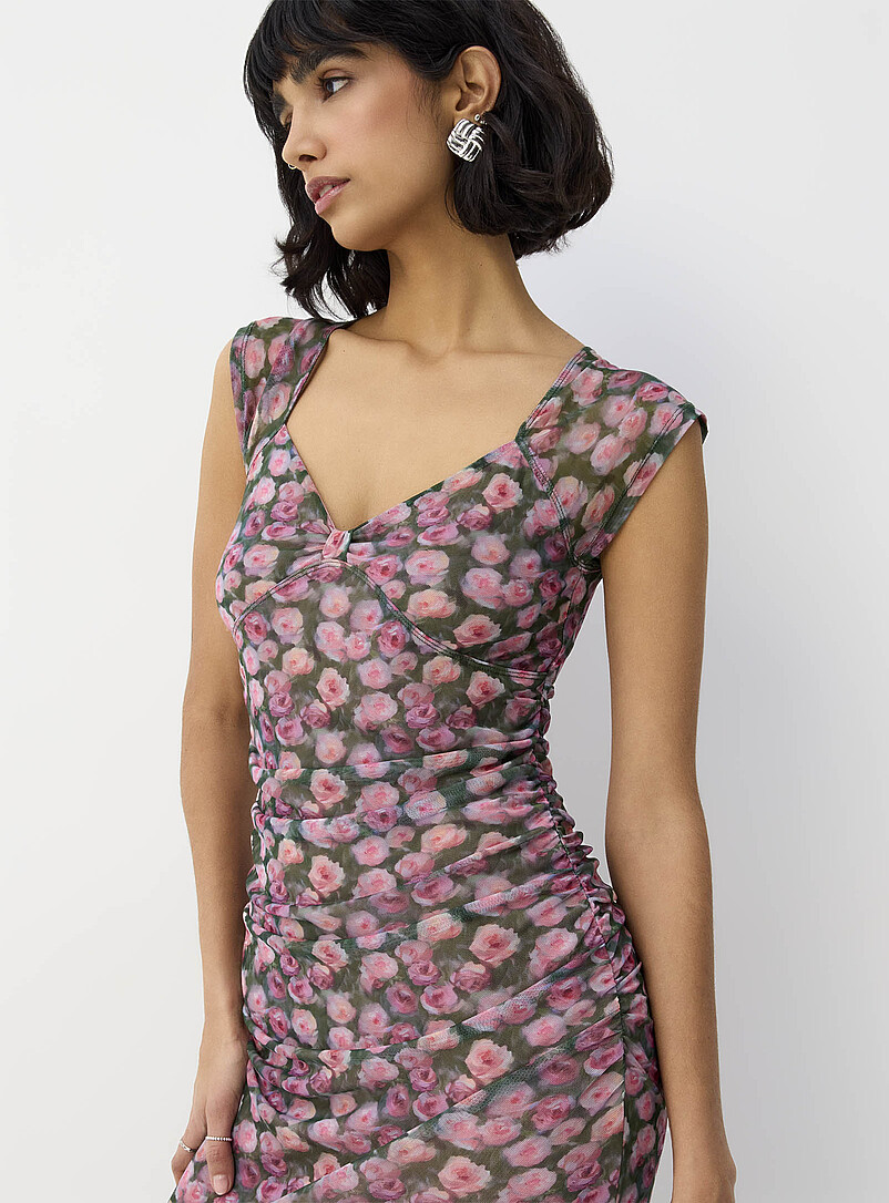 Ic&ocirc;ne: La robe midi fronc&eacute;e microfilet Vert &agrave; motifs pour femme
