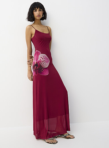 Ic&ocirc;ne: La longue robe fines bretelles microfilet Fuchsia pour femme