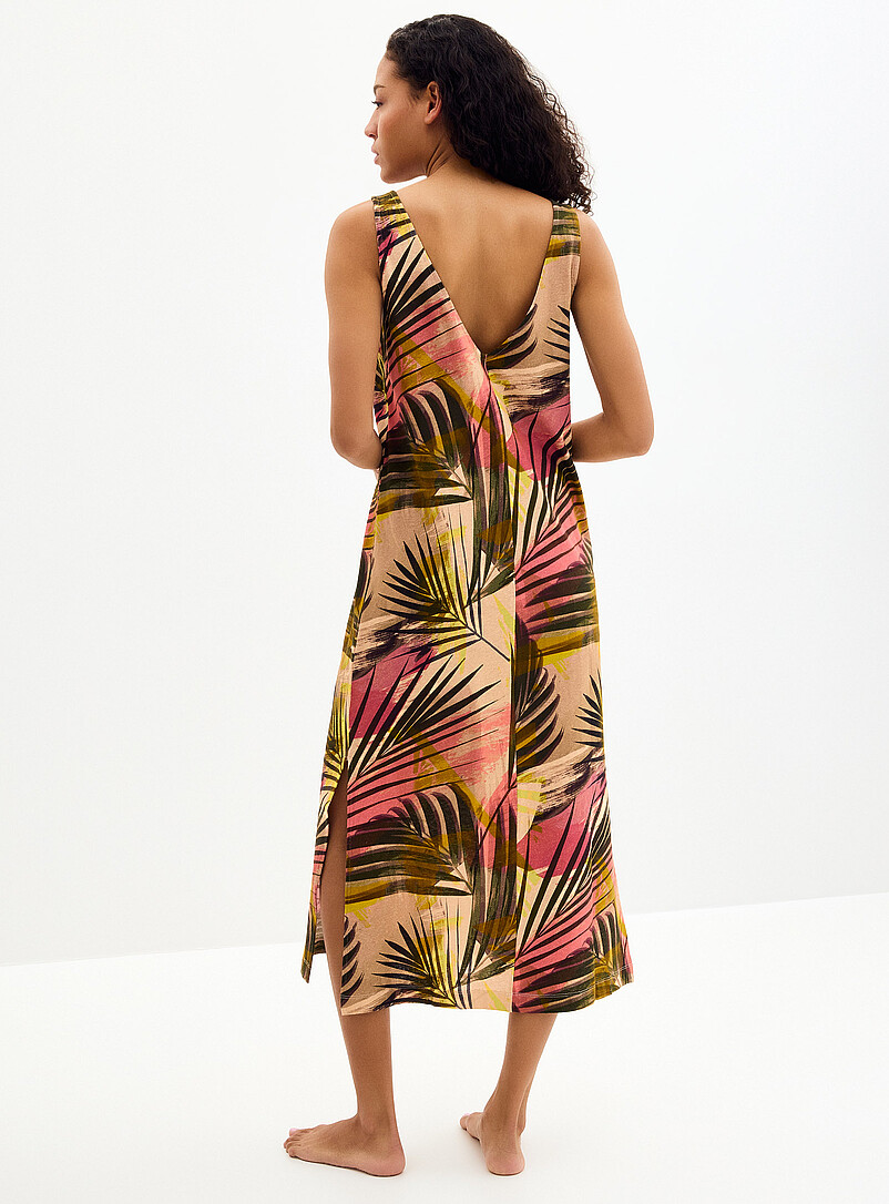 Miiyu: La longue robe de nuit col V doux lin Orange &agrave; motifs pour femme