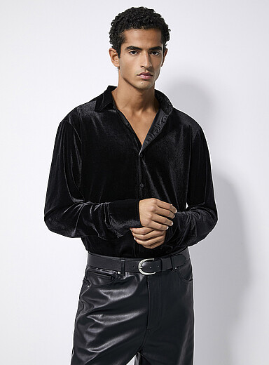 Le 31 Black Flowy velvet shirt <b>Modern fit</b> for men