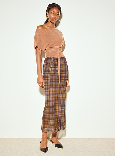 Ic&ocirc;ne Patterned Brown Micromesh maxi skirt for women