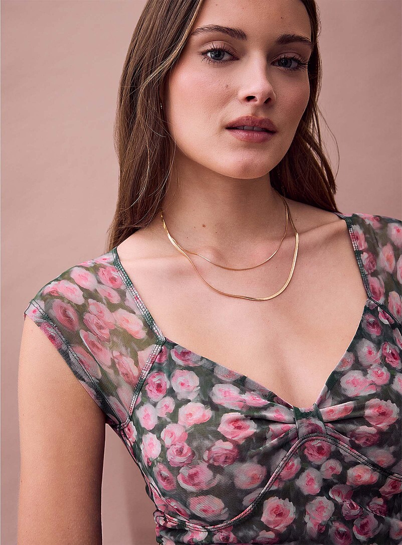 Ic&ocirc;ne: Le t-shirt fronc&eacute; microfilet Bleu &agrave; motifs pour femme