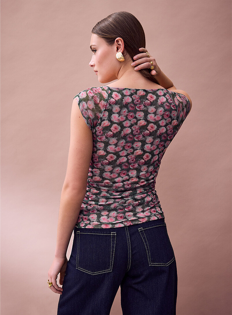 Ic&ocirc;ne: Le t-shirt fronc&eacute; microfilet Bleu &agrave; motifs pour femme