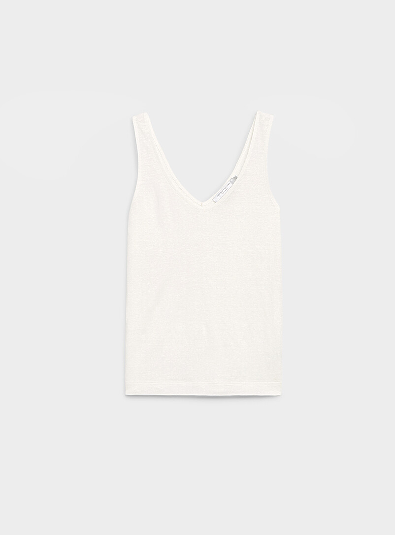 Contemporaine: La camisole col V pur lin Blanc cass&eacute; pour femme