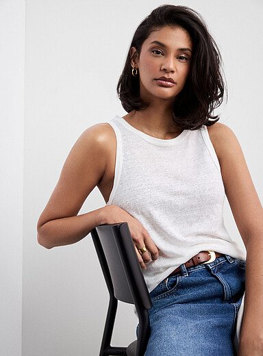 Solid pure linen crew-neck cami