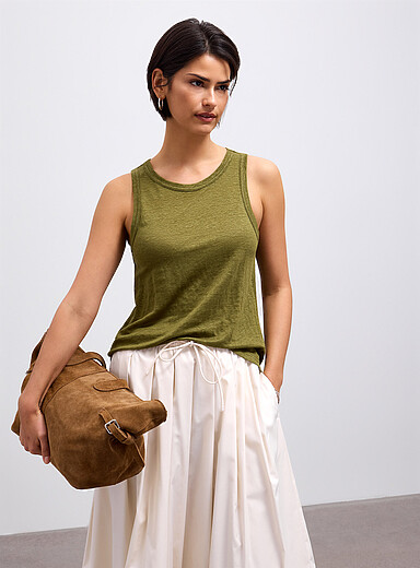 Solid pure linen crew-neck cami