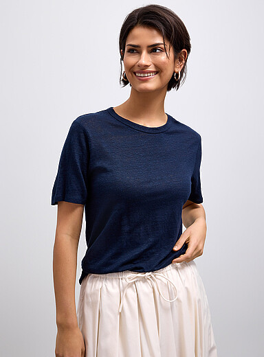 Solid pure linen crew-neck T-shirt