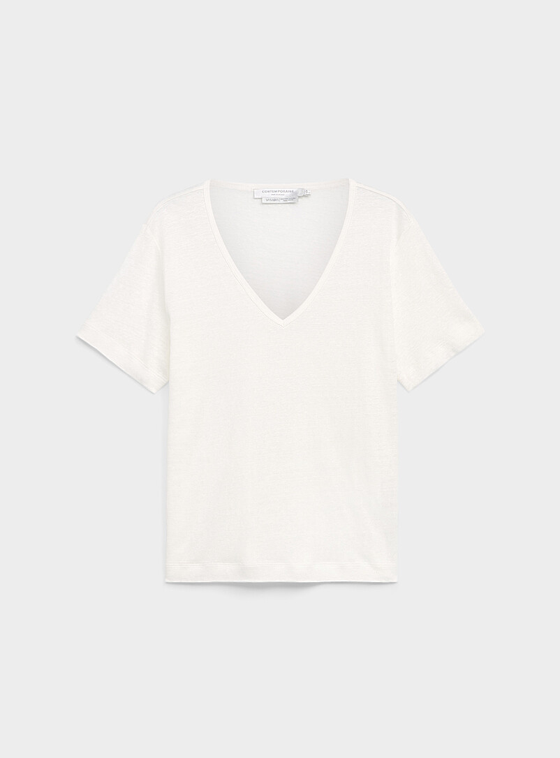 Contemporaine Black Pure linen V-neck T-shirt for women