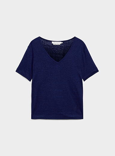 Contemporaine: Le t-shirt col V pur lin Noir pour femme