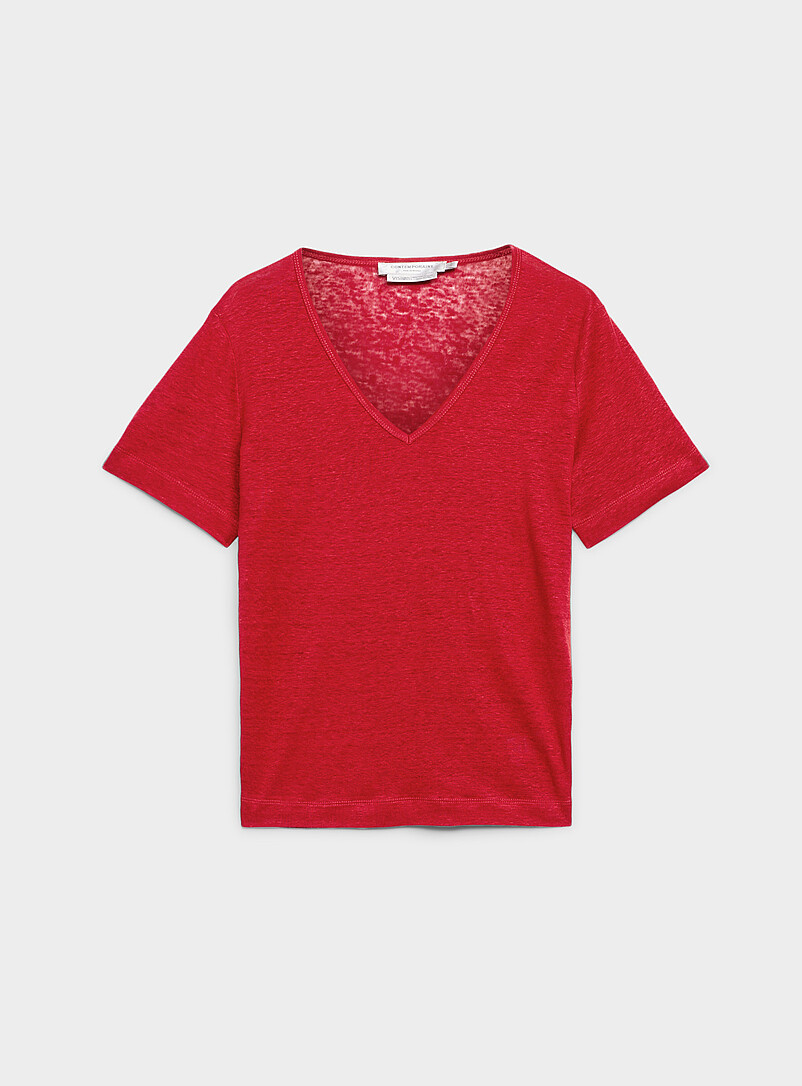 Contemporaine Black Pure linen V-neck T-shirt for women