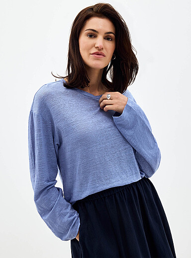 Contemporaine: Le t-shirt uni manches longues pur lin Bleu moyen - Ardoise pour femme