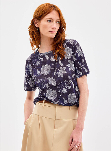 Patterned 100% slub linen T-shirt