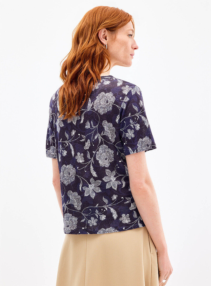 Contemporaine: Le t-shirt flamm&eacute; &agrave; motif pur lin Bleu moyen - Ardoise pour femme