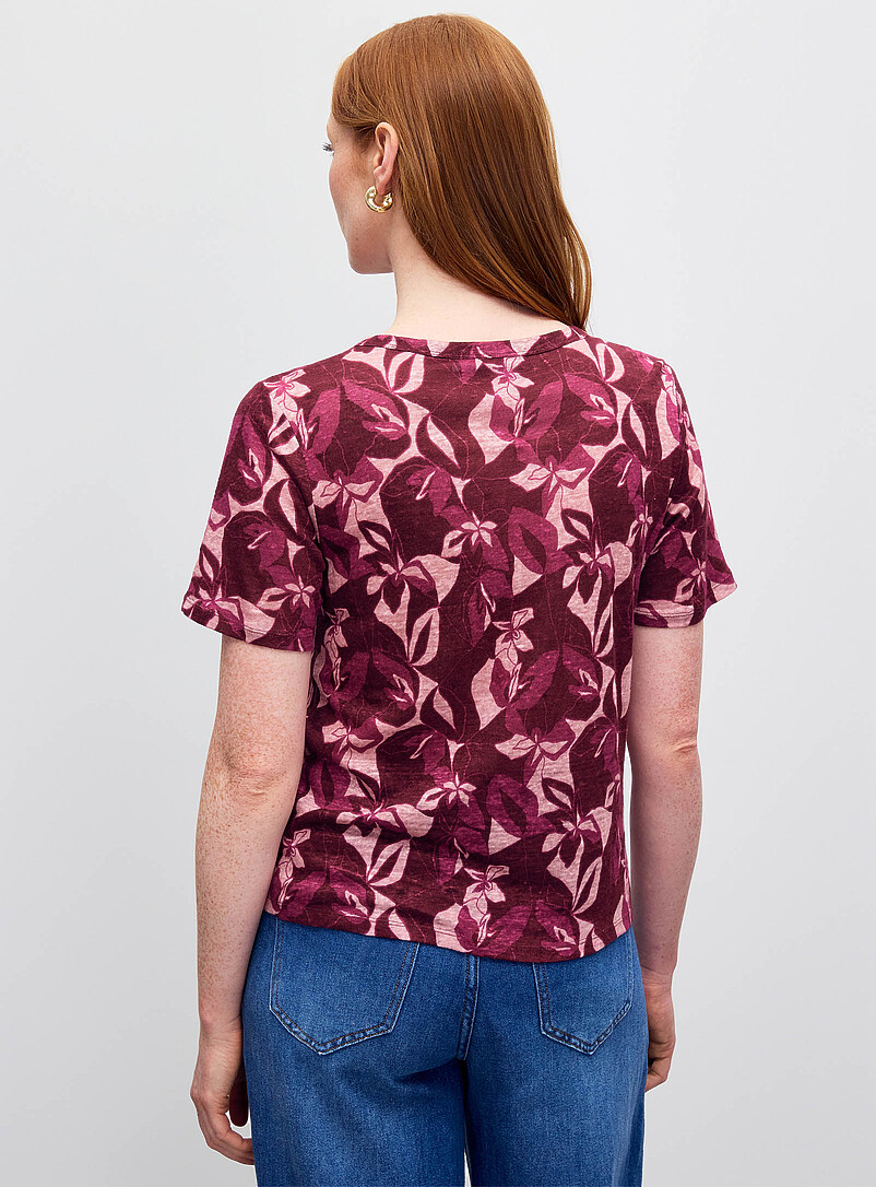 Contemporaine Burgundy Patterned 100% slub linen T-shirt for women