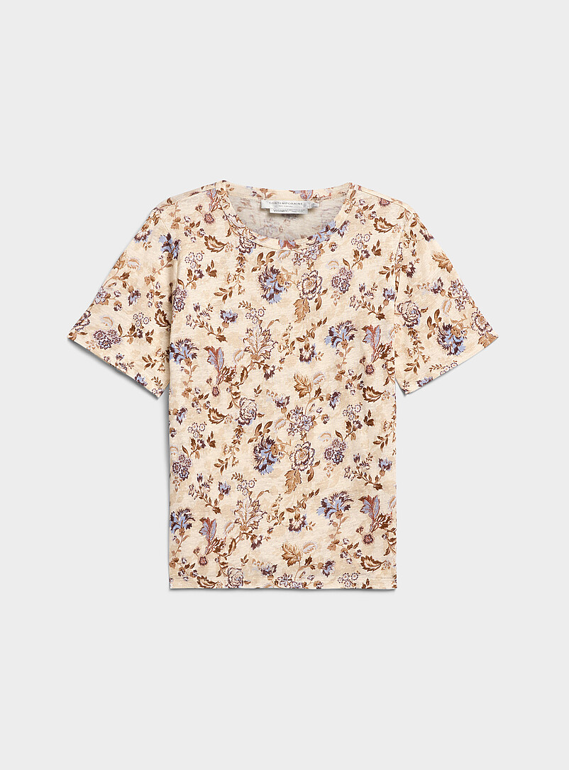 Contemporaine: Le t-shirt flamm&eacute; &agrave; motif pur lin Bleu moyen - Ardoise pour femme