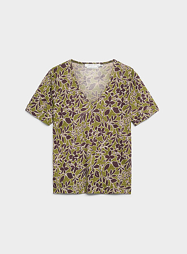 Contemporaine Khaki/Sage/Olive Pure linen V-neck T-shirt for women