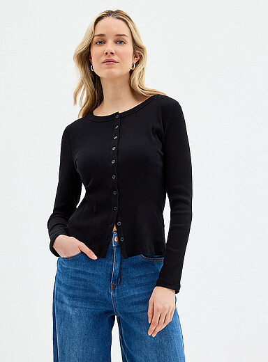 Contemporaine: Le cardigan jersey c&ocirc;tel&eacute; uni Noir pour femme