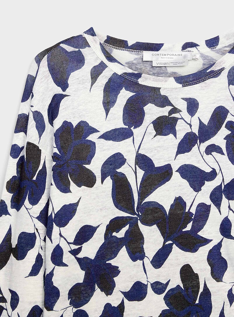 Contemporaine: Le t-shirt d&eacute;contract&eacute; pur lin Blanc &agrave; motifs pour femme