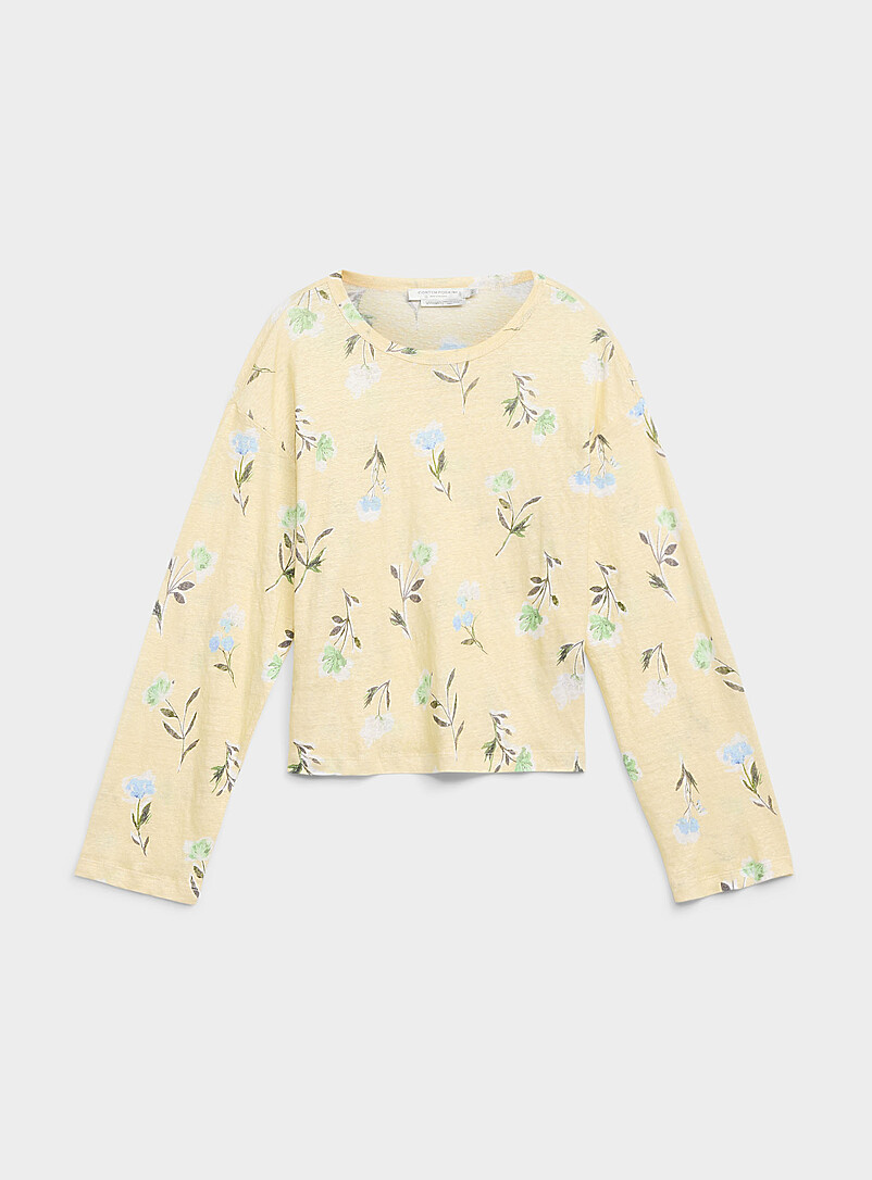 Contemporaine: Le t-shirt d&eacute;contract&eacute; pur lin Blanc &agrave; motifs pour femme