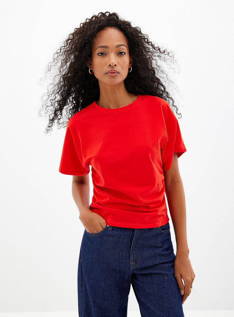 Contemporaine: Le t-shirt taille pliss&eacute;e coton bio Rubis - Vermillon pour femme