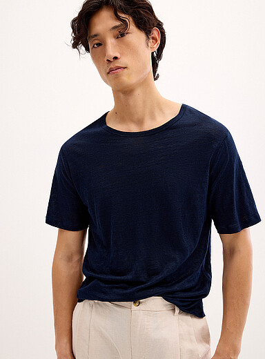Le 31 Indigo/Dark Blue 100% linen jersey T-shirt <b>Comfort fit</b> for men