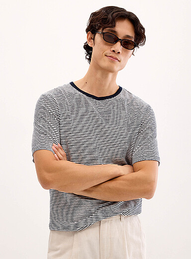Twin-stripe 100% linen jersey T-shirt <b>Comfort fit</b>