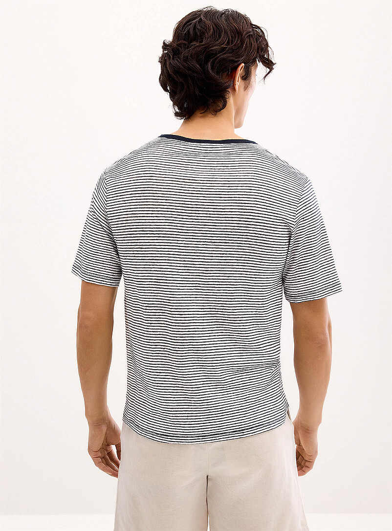 Le 31: Le t-shirt jersey pur lin rayures binaires <b>Coupe confort</b> Bleu &agrave; motifs pour homme