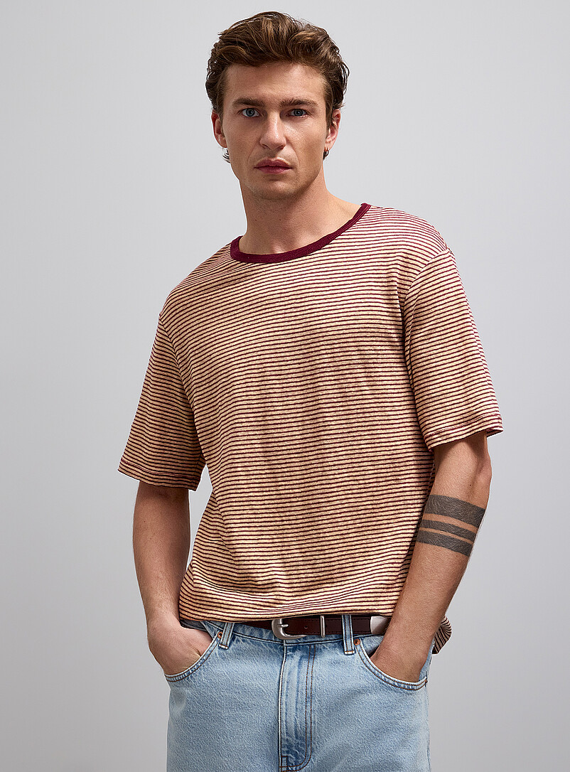Le 31 Patterned Ecru Twin-stripe 100% linen jersey T-shirt <b>Comfort fit</b> for men