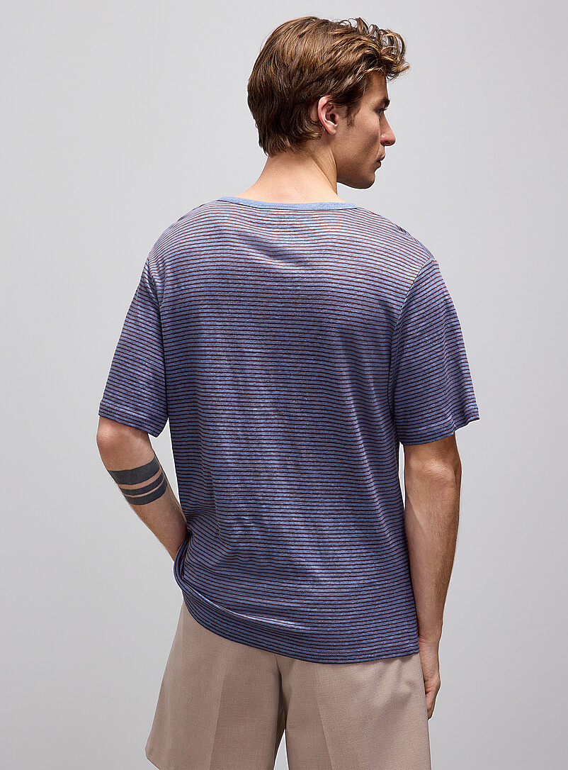 Le 31 Patterned Ecru Twin-stripe 100% linen jersey T-shirt <b>Comfort fit</b> for men