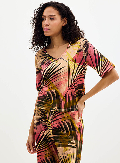 Miiyu: Le t-shirt carr&eacute; lin l&eacute;ger Orange &agrave; motifs pour femme