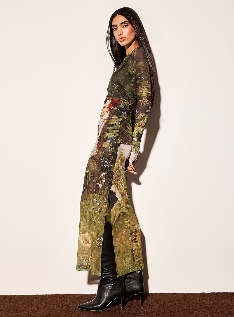 Ic&ocirc;ne Patterned Green Printed micro-mesh midi dress with side slit for women