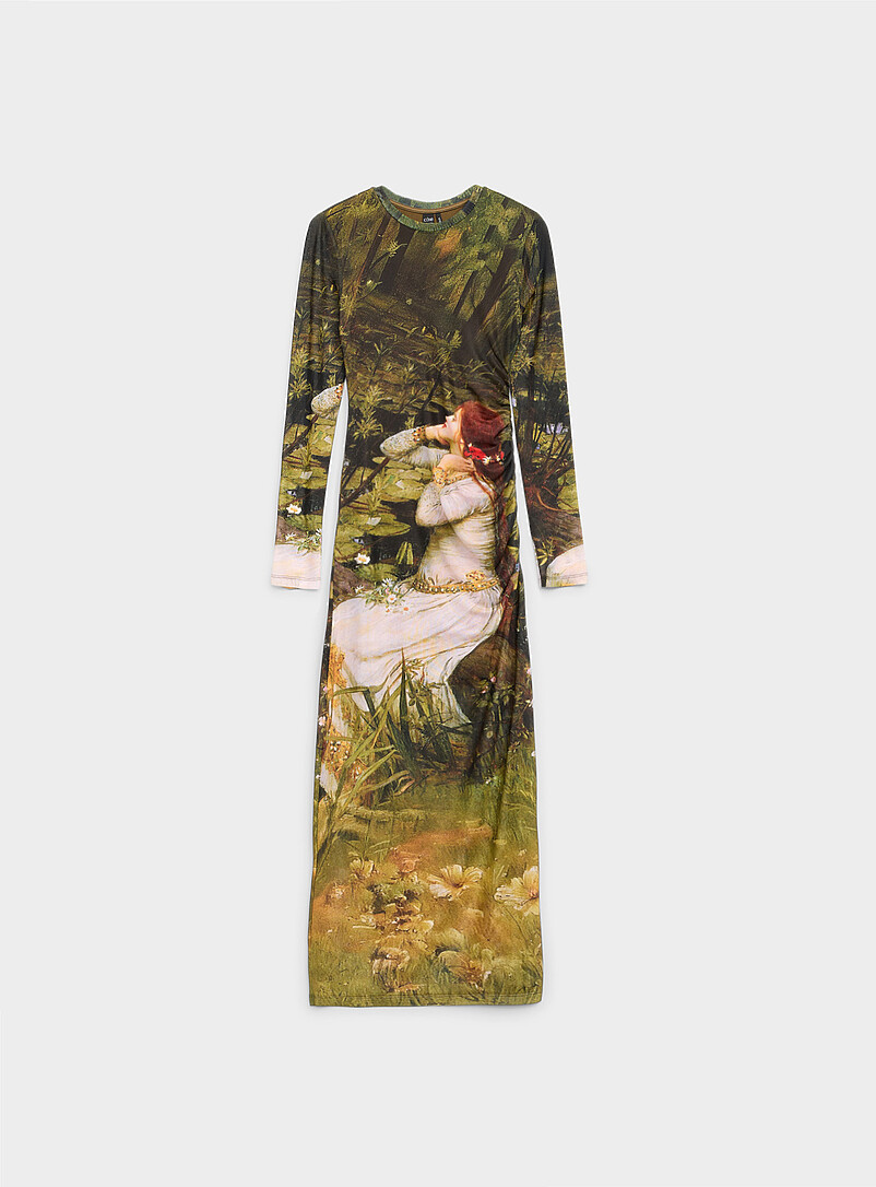 Ic&ocirc;ne Patterned Green Printed micro-mesh midi dress with side slit for women