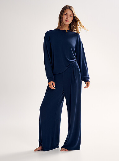 Miiyu Indigo/Dark Blue Fine ribbing pleated lounge pant for women
