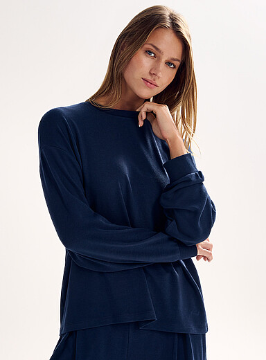 Miiyu Indigo/Dark Blue Mini-ribbing crew-neck long-sleeve T-shirt for women
